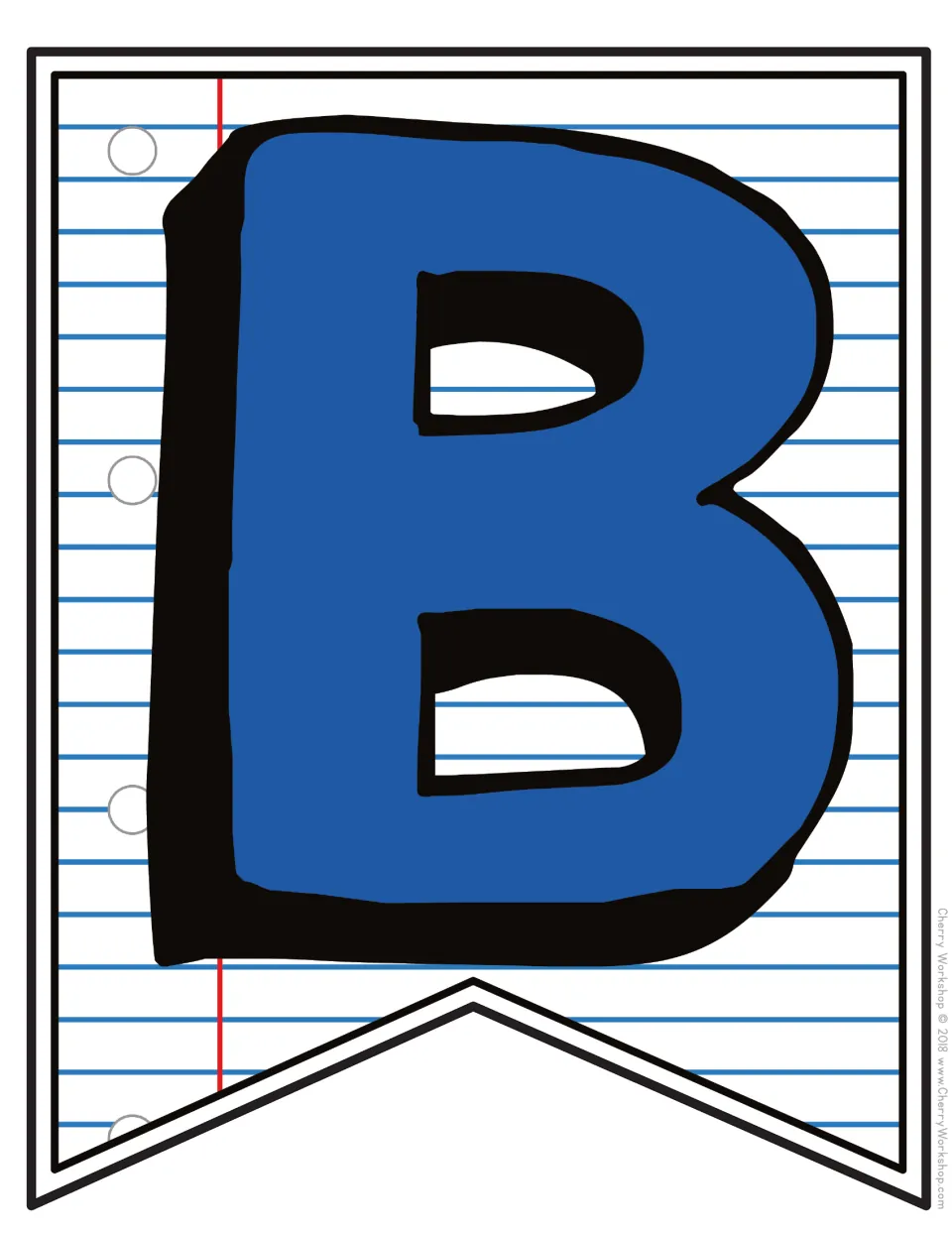 Letter B pennant in blue: a bold hand-drawn capital B with a black drop shadow on notebook paper with a red margin