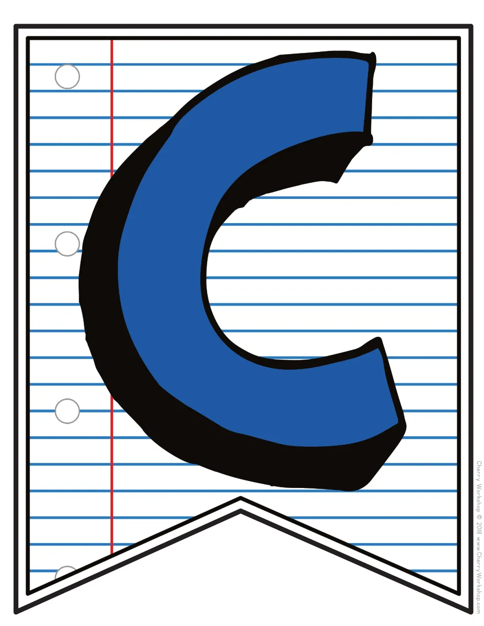 Letter C pennant: an oversized blue capital C outlined in black with a shadow, set on notebook paper with punch holes