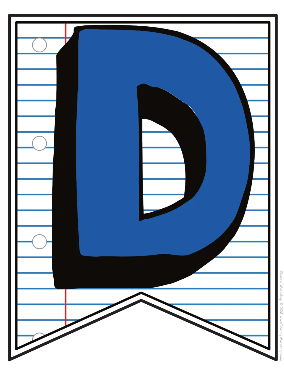 Letter D pennant showing a blue block capital D with a thick black 3D edge on ruled notebook paper, ready to print