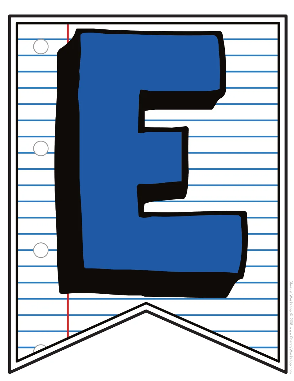 Letter E pennant: a blue capital E with a black shadow outline on lined paper, the fifth piece of the blue alphabet