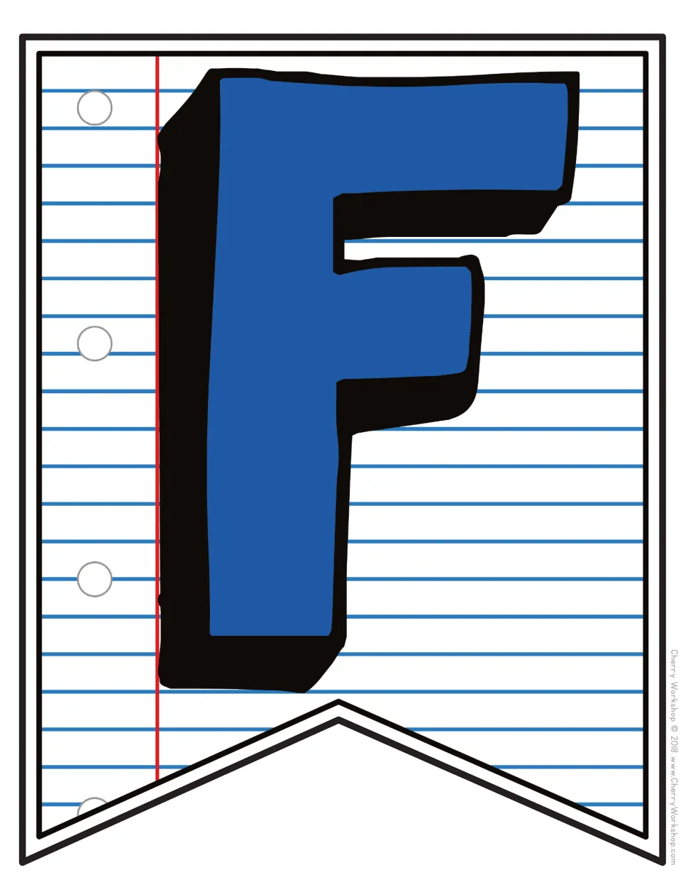 Letter F pennant: a tall blue capital F edged in black, drawn over blue notebook rules beside a red margin