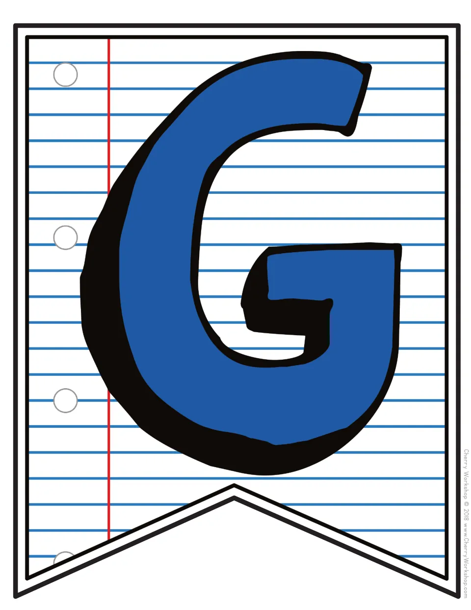 Letter G pennant featuring a rounded blue capital G with a black 3D shadow on hole-punched notebook paper for display