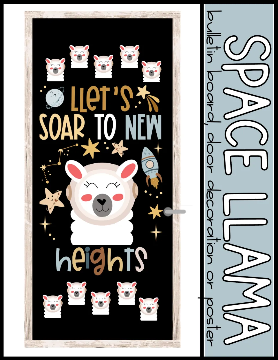 Space Llama cover: black door reading "Llet's soar to new heights" with an astronaut llama, rocket, stars and llama faces