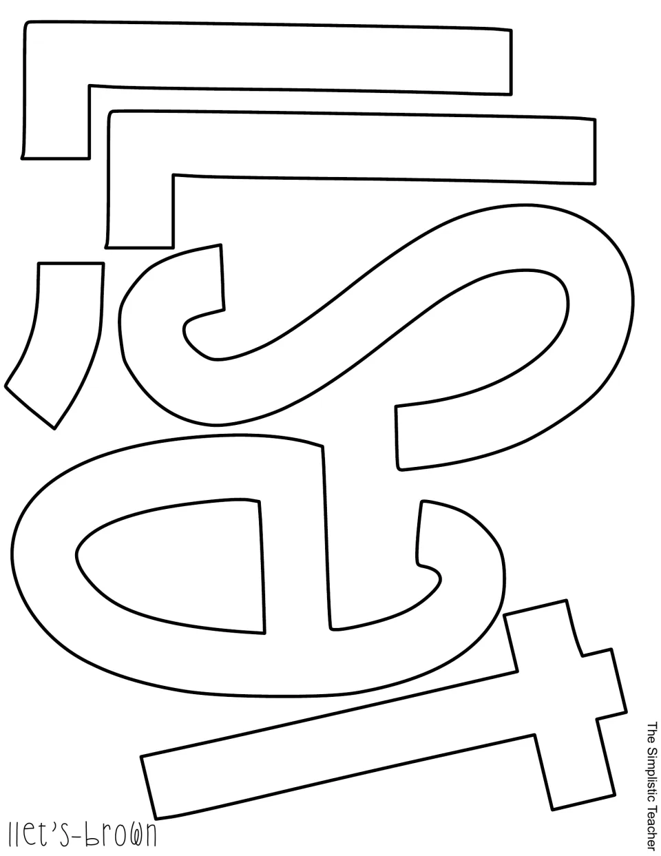 Outline letter cut-out pieces L, L, apostrophe, S, e and t spelling "Llet's", labeled for brown paper