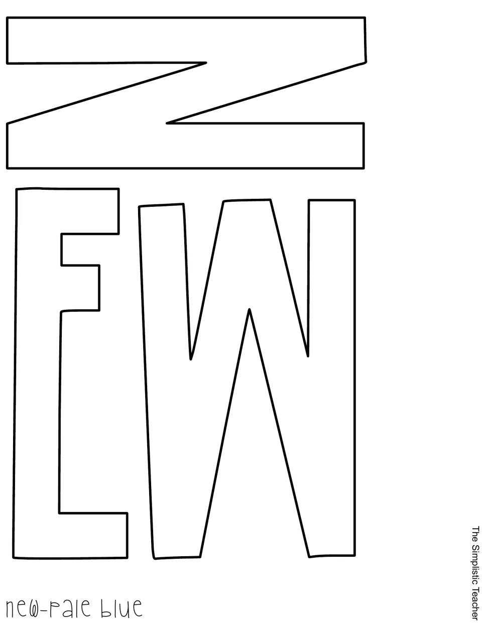 Outline letter cut-out pieces N, E and W spelling "New", labeled for pale blue paper