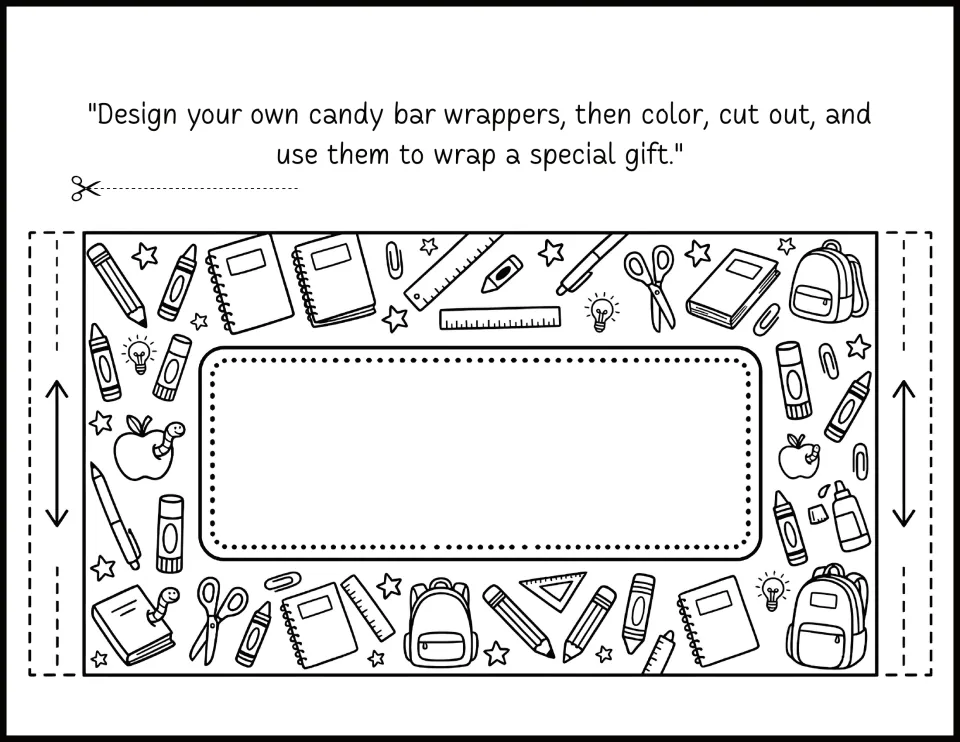 School supplies candy bar wrapper: students color the backpacks, crayons and books, then design the blank center label