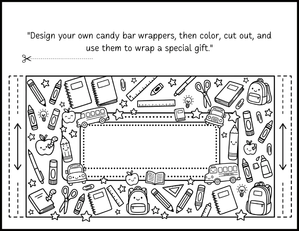 School bus candy bar wrapper: students color buses, apples and supplies, then add their own design to the blank label