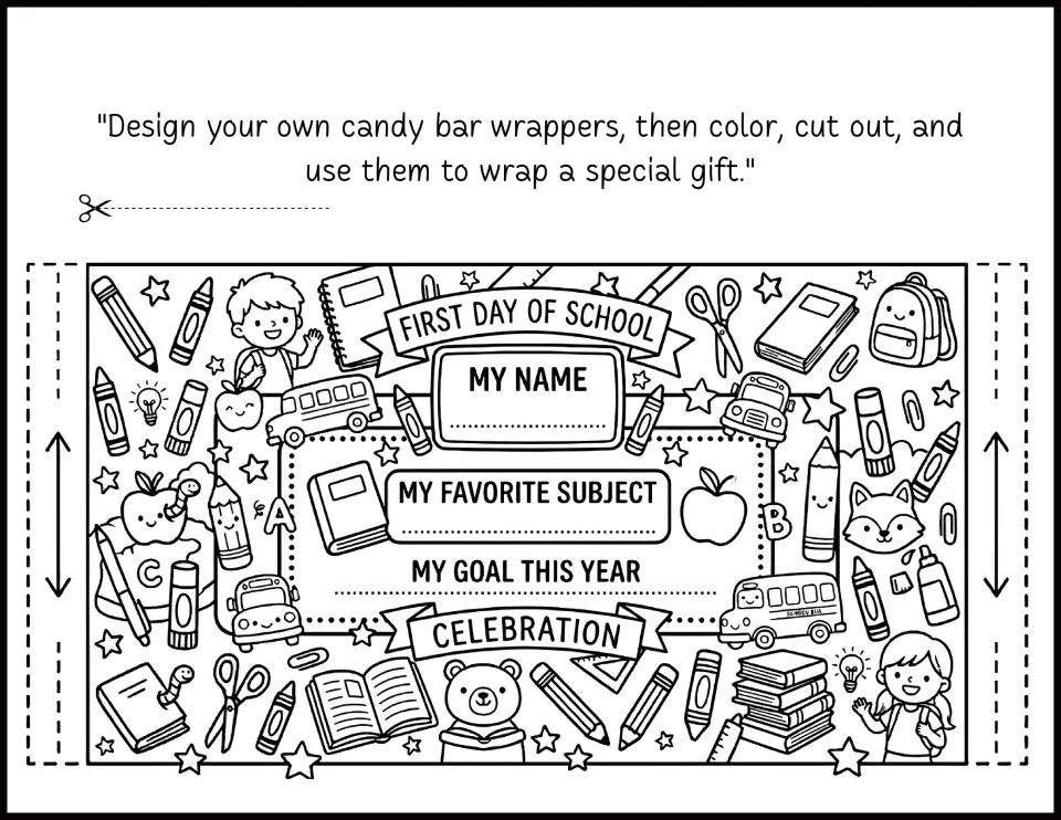 First day wrapper with My Name, My Favorite Subject and My Goal This Year prompts students fill in, color and cut out