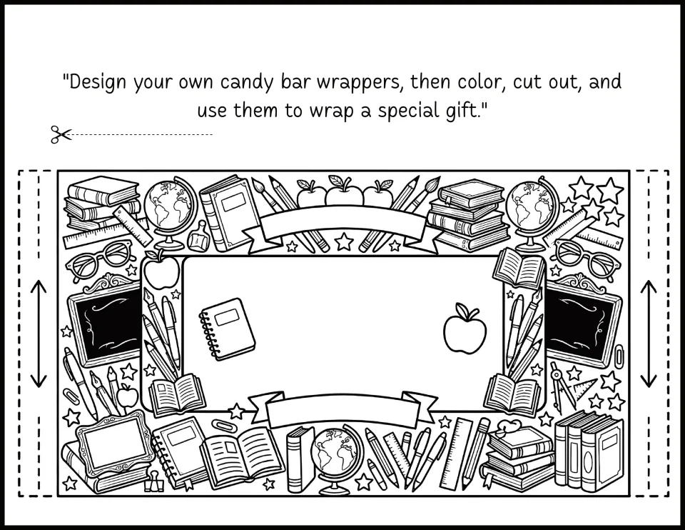 Classic school wrapper with globes, chalkboards and books; students write on two blank banners and color the design