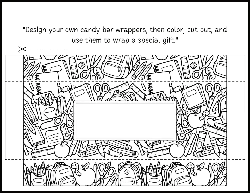 Back to school doodle wrapper packed with crayons, backpacks and apples; students color, design the label, fold to wrap