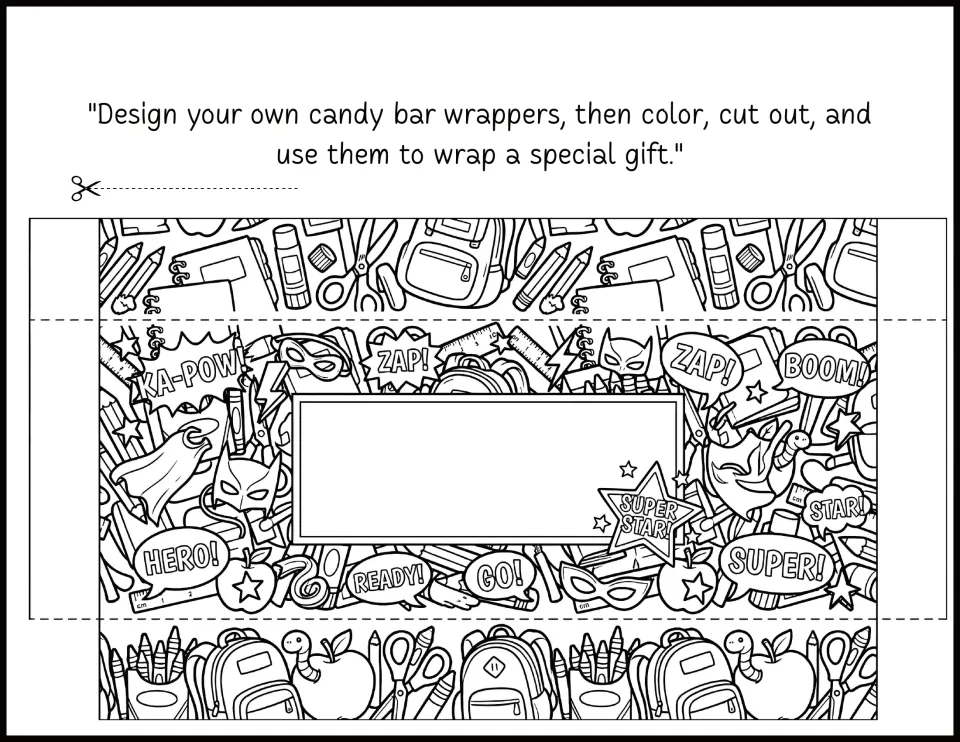 Superhero school wrapper with Ka-Pow, Zap, Hero and Super Star bubbles for students to color, cut out and wrap a gift