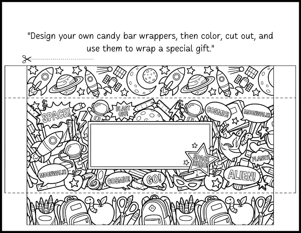 Outer space wrapper with rockets, planets, astronauts and Blast Off, Cosmic and Alien bubbles for students to color