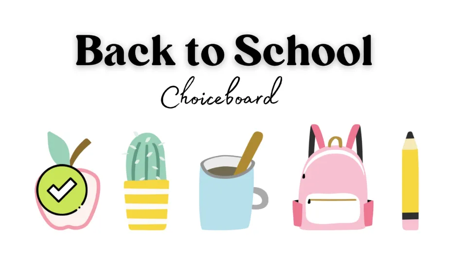 Activity choice board with five clickable pictures: apple, cactus, mug, backpack, and pencil.