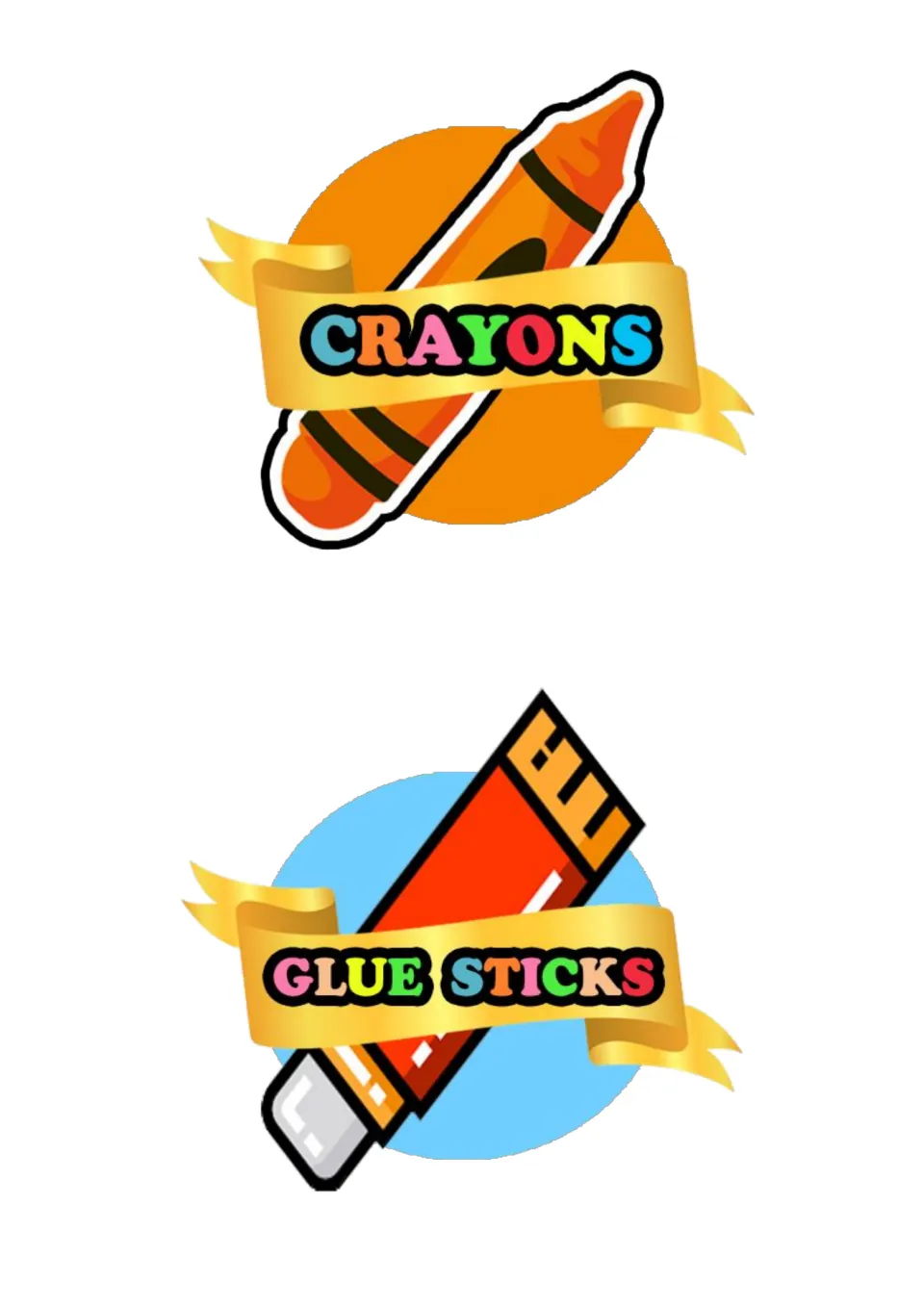 Supply bin labels: CRAYONS over an orange crayon and GLUE STICKS over a red glue stick, lettered in rainbow colors