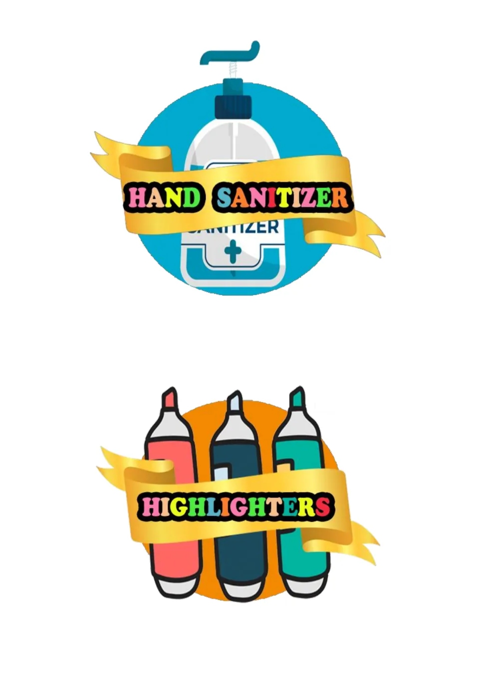 Labels for HAND SANITIZER with a pump bottle and HIGHLIGHTERS with three pink, navy and teal highlighter pens