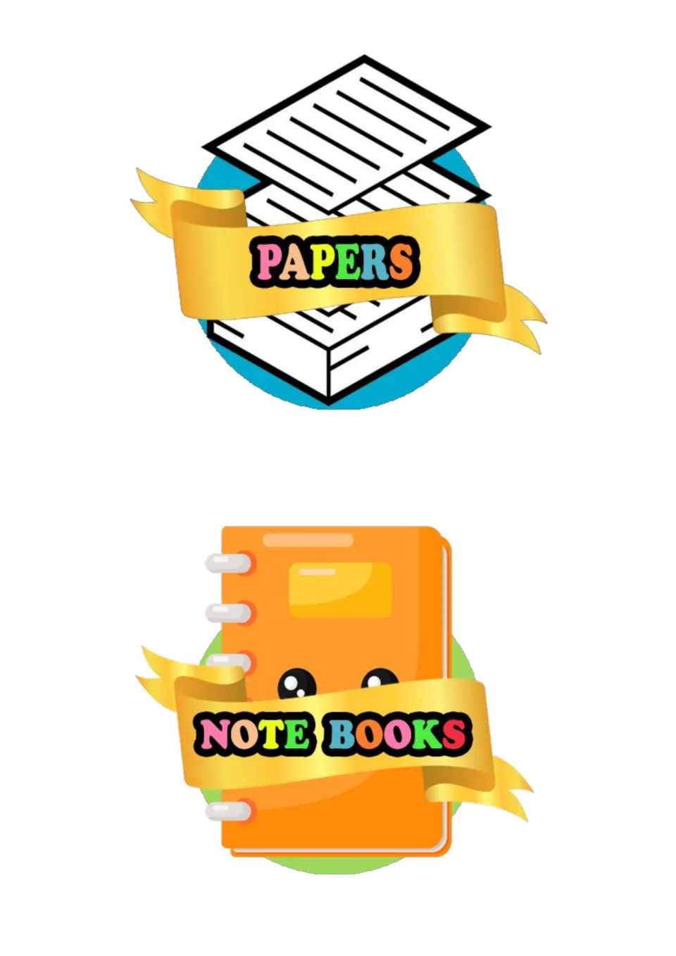 Storage labels: PAPERS on a stack of lined sheets and NOTE BOOKS on an orange spiral notebook with cartoon eyes