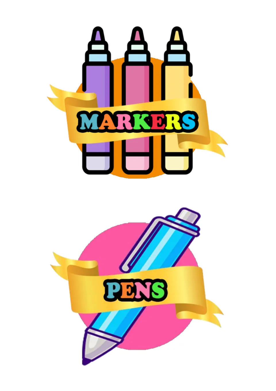 Writing tool labels: MARKERS over purple, pink and yellow markers and PENS over a blue ballpoint pen