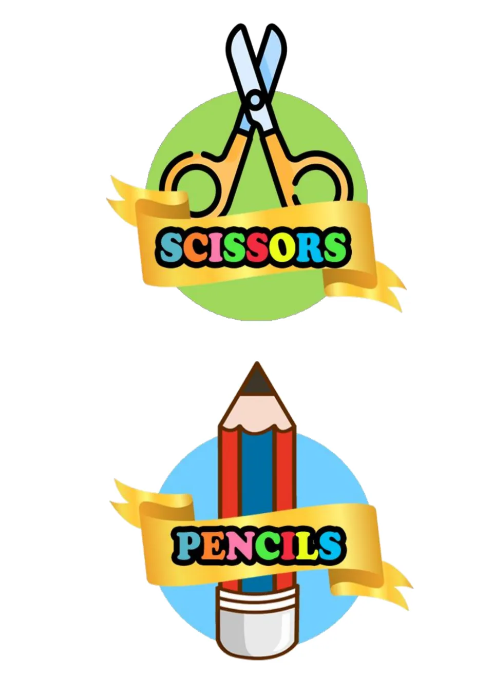 Classroom supply labels: SCISSORS with orange-handled scissors and PENCILS with a red and blue pencil