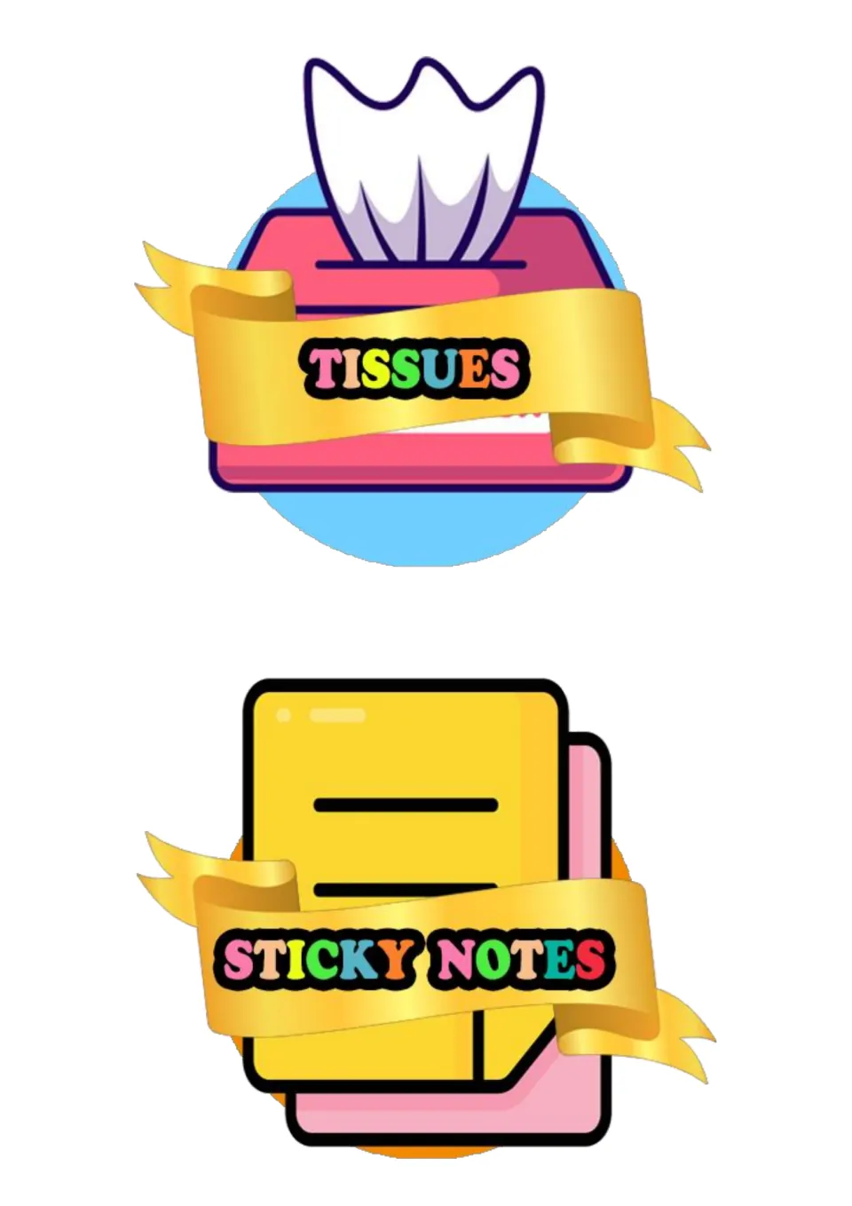 Labels reading TISSUES over a pink tissue box and STICKY NOTES over stacked yellow and pink sticky notes
