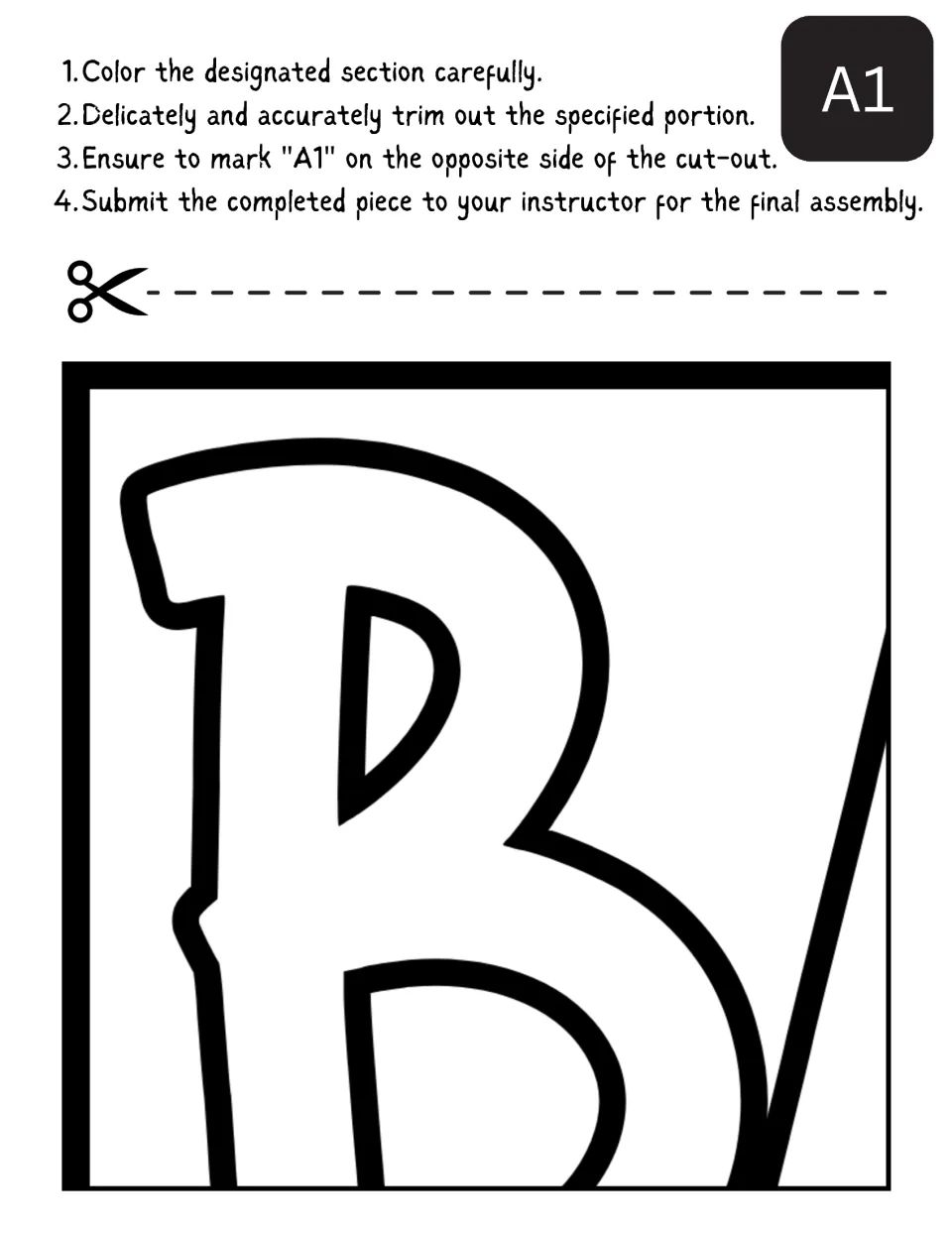 Collaborative back-to-school poster section A1 shows part of the letter B for students to color and cut out.