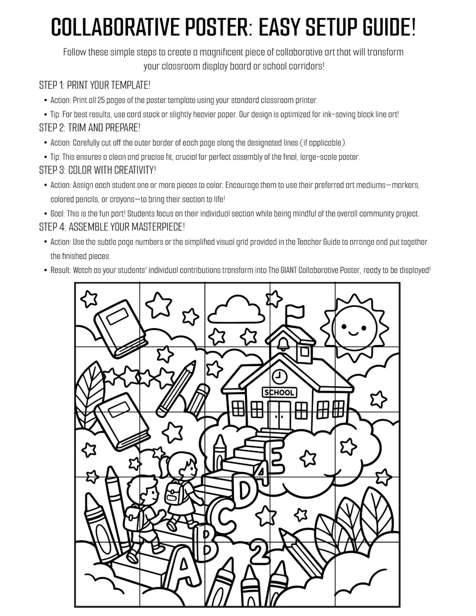 Collaborative poster setup guide: print 25 pieces, trim, color, and assemble the schoolhouse mural