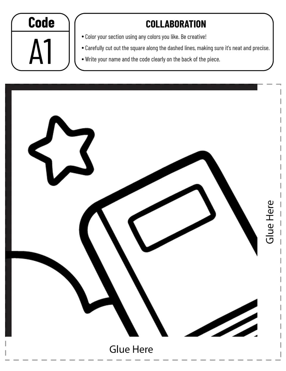 Collaborative poster piece A1 to color and cut out, showing a tilted book, a star, and part of a cloud