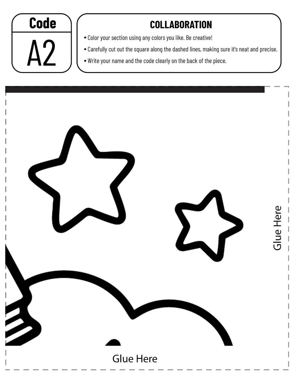 Collaborative poster piece A2 to color and cut out, showing two stars above part of the cloud scene