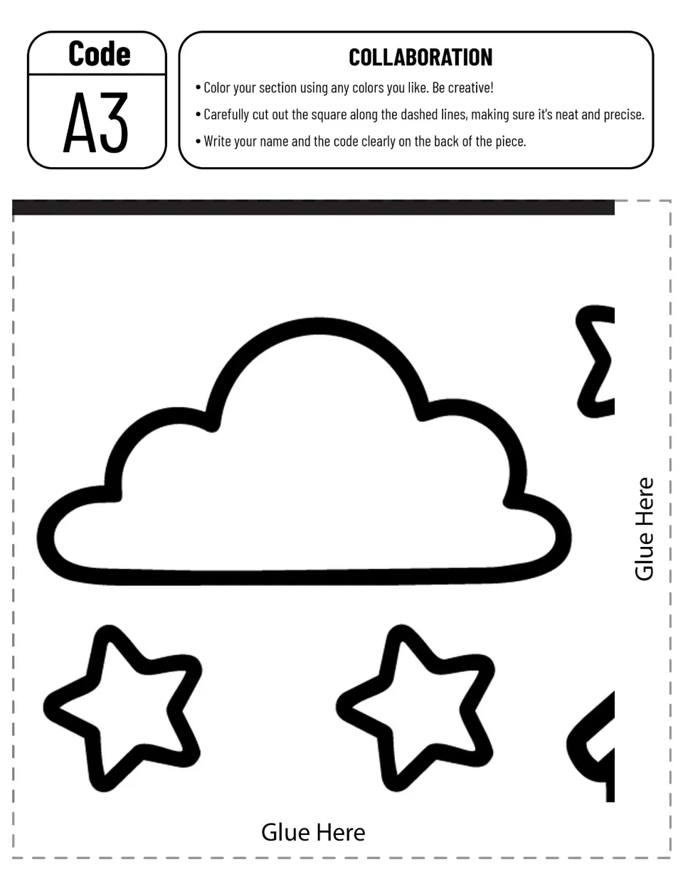 Collaborative poster piece A3 to color and cut out, showing a cloud above two stars in the school scene