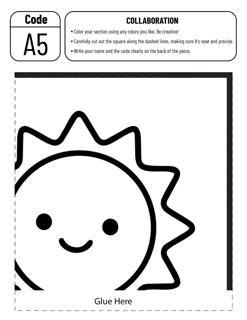 Collaborative poster piece A5 to color and cut out, showing the smiling sun from the schoolhouse mural