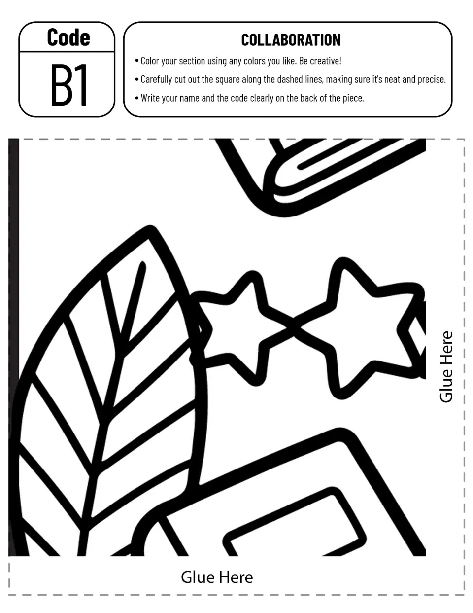 Collaborative poster piece B1 to color and cut out, showing a large leaf, stars, and portions of books