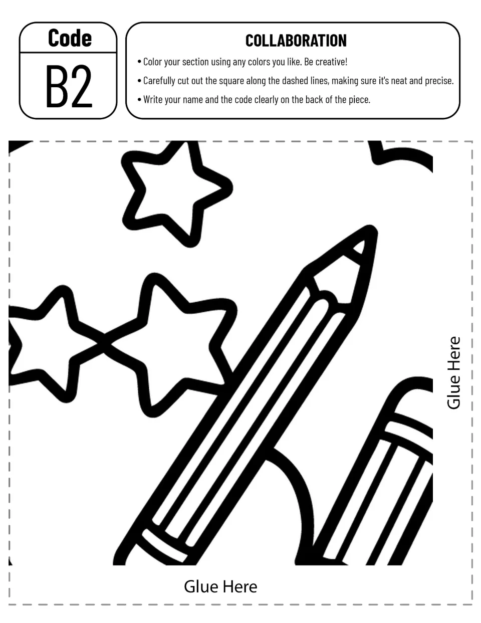 Collaborative poster piece B2 to color and cut out, showing a large diagonal pencil beside several stars