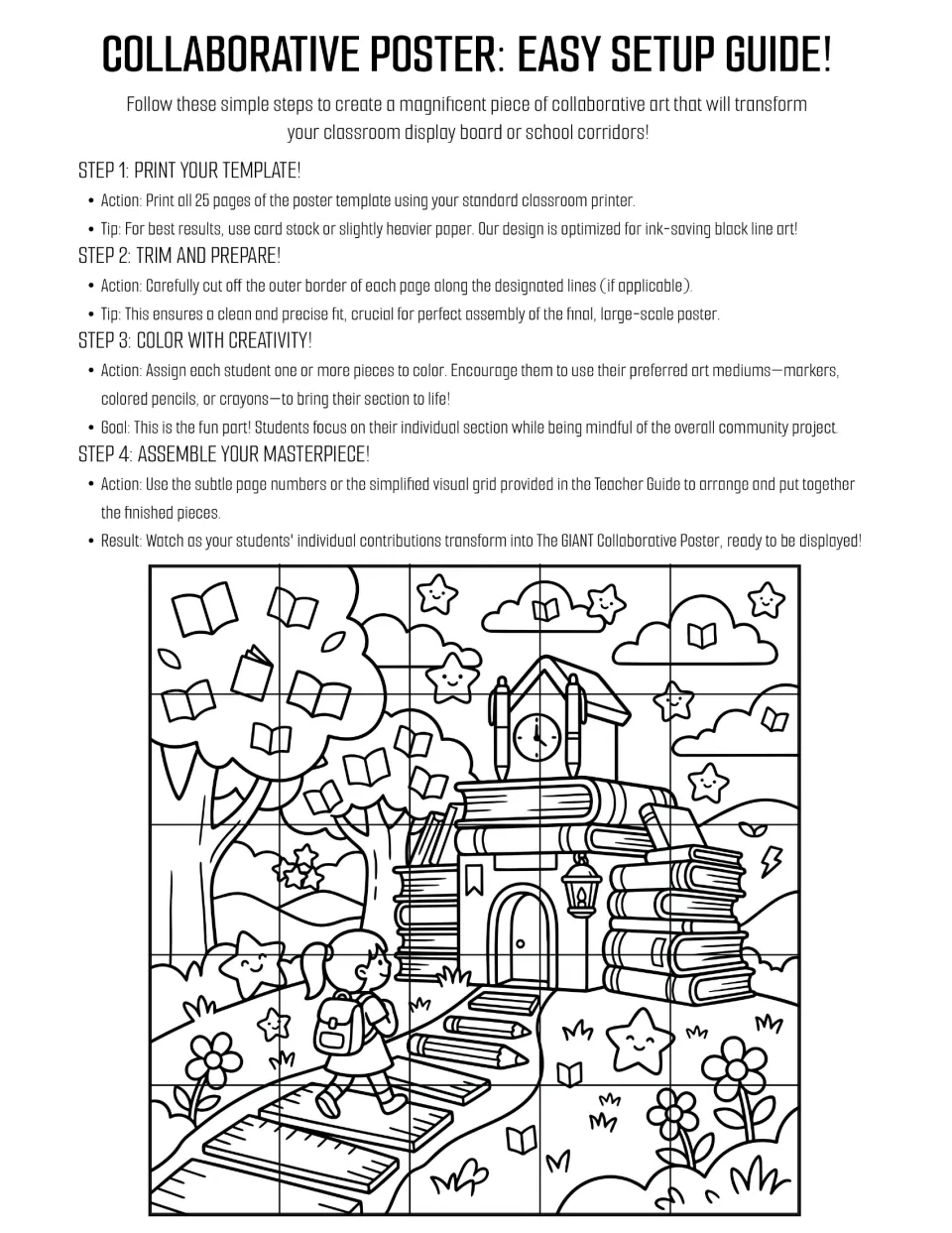 Collaborative poster setup guide: four steps to print, trim, color and assemble 25 pages into a schoolhouse-of-books scene