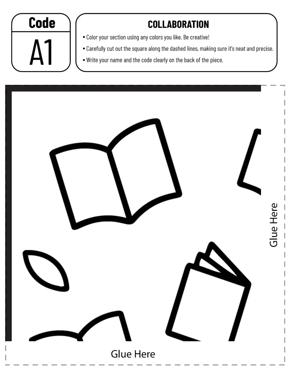 Code A1 cut-out piece: students color open books and a leaf, cut it out, then write name and code on the back