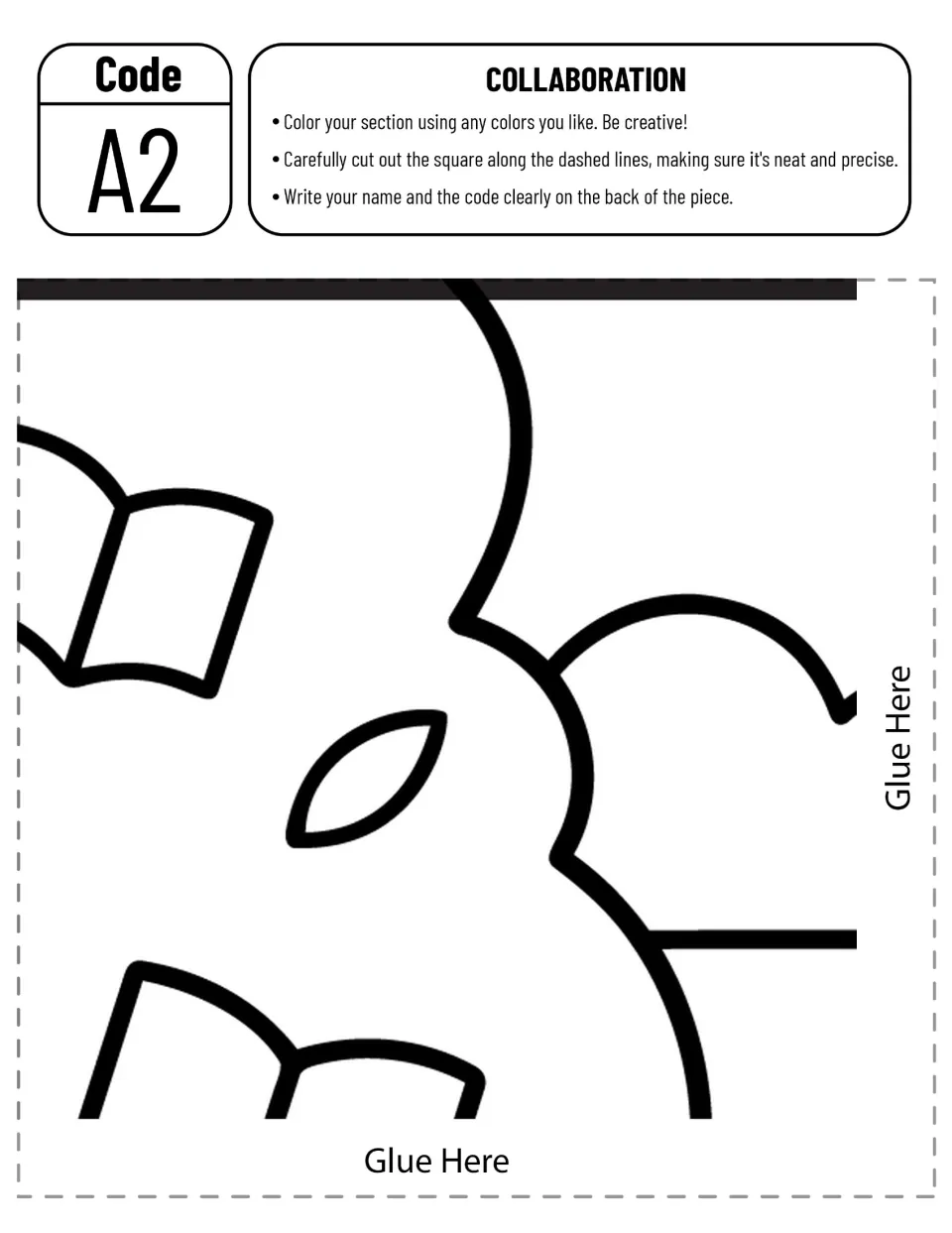Code A2 cut-out piece: tree canopy edge with open books and a leaf for one student to color, cut out and label on the back