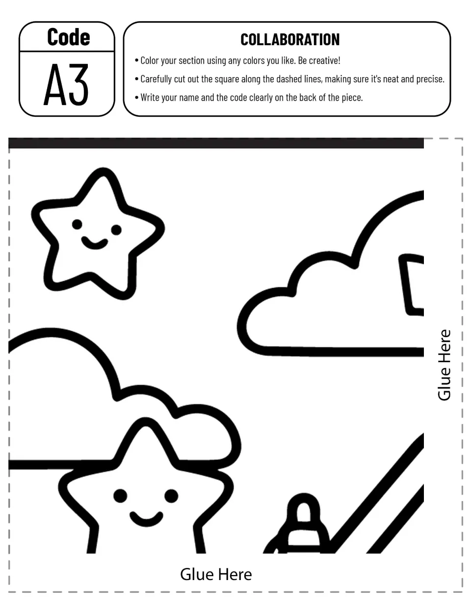 Code A3 cut-out piece: two smiling stars, clouds and the tip of a pen to color, cut out and label