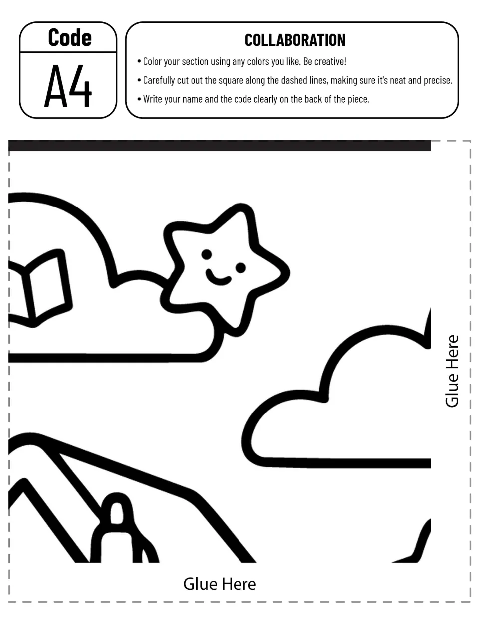 Code A4 cut-out piece: clouds, a smiling star, an open book and a pen tip on the schoolhouse roof to color and cut out