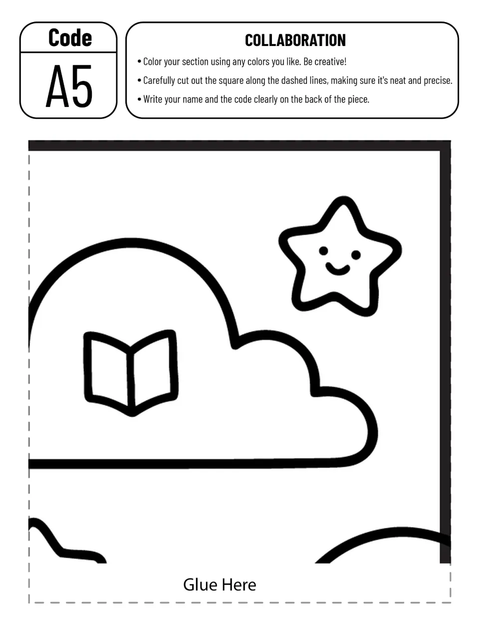 Code A5 cut-out piece: top-right corner with a cloud holding an open book and a smiling star for students to color and cut
