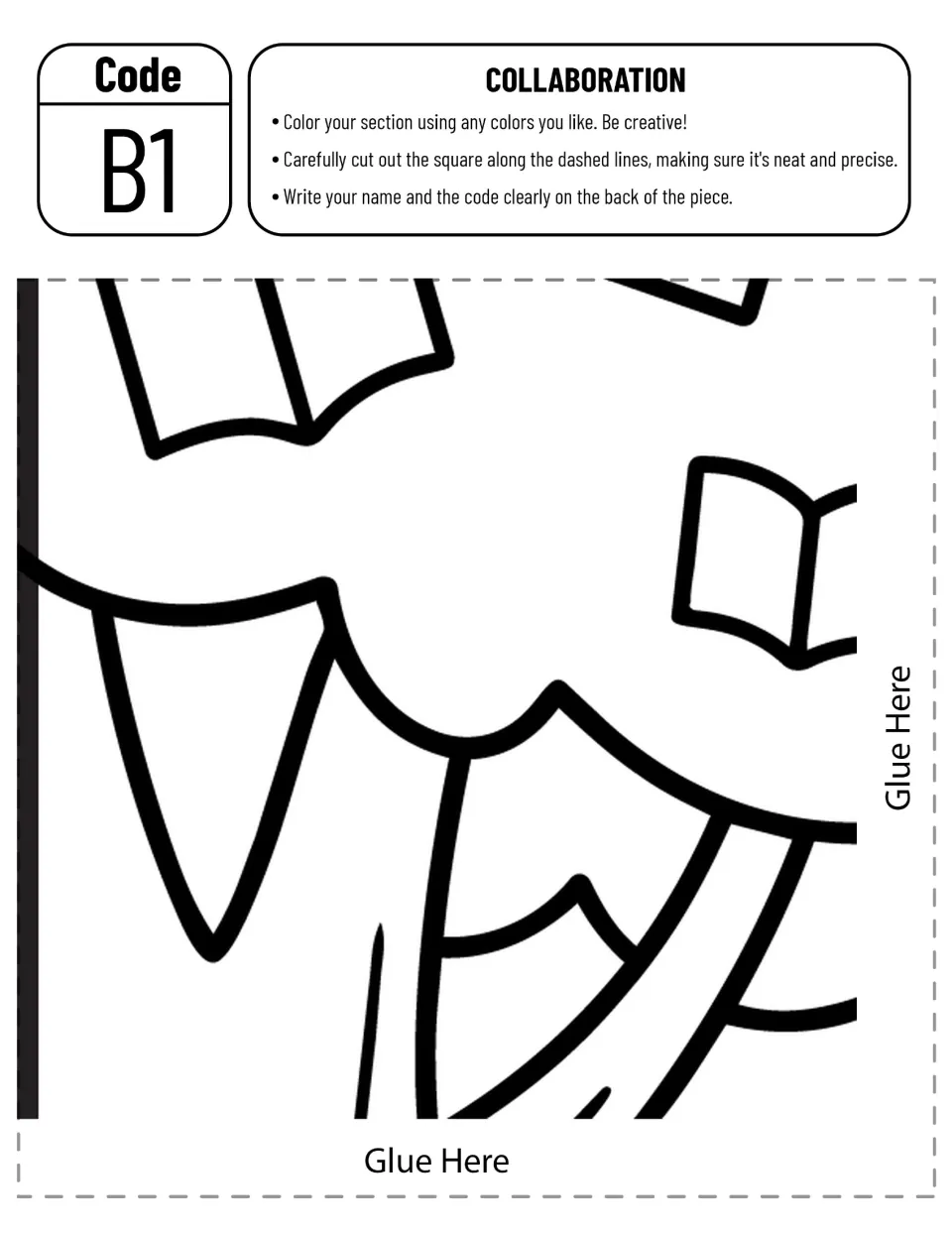 Code B1 cut-out piece: left edge of the tree with leafy canopy and open books for a student to color, cut and label