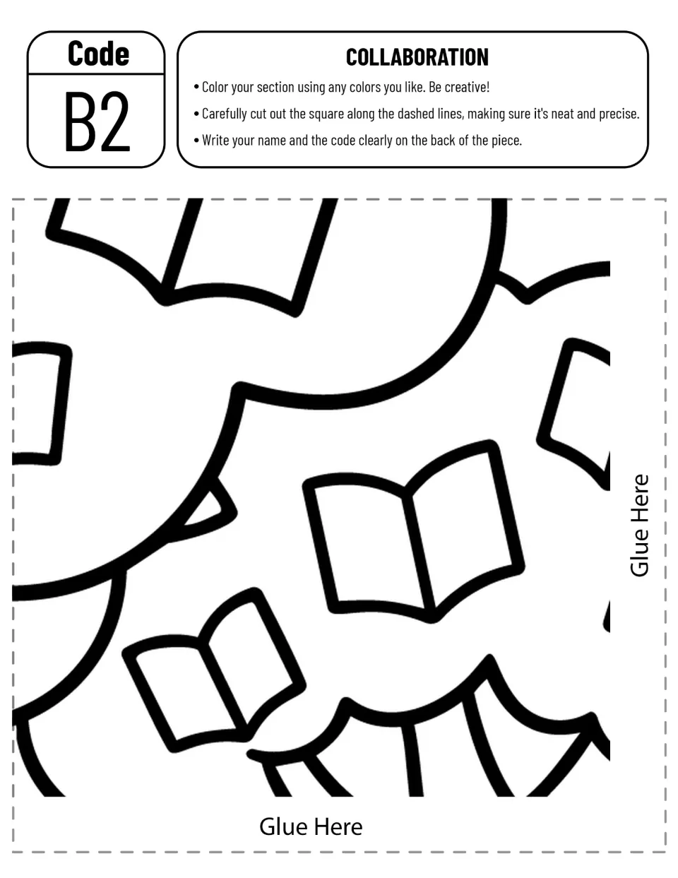 Code B2 cut-out piece: open books scattered through the tree canopy for one student to color, cut out and sign on the back