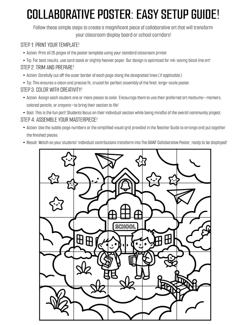 Collaborative poster setup guide: print 25 pieces, trim, color, and assemble the cloud schoolhouse scene