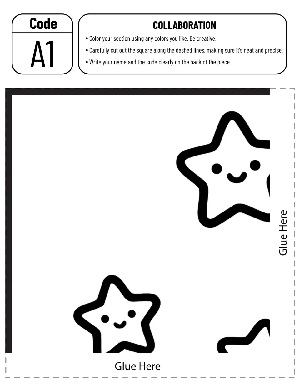 Collaborative cloud schoolhouse poster piece A1: smiling stars to color, cut out, and join to the mural