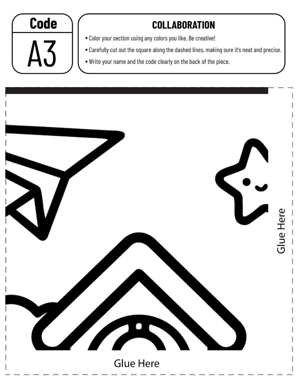 Collaborative cloud schoolhouse poster piece A3: paper airplane, star, and school bell tower sections