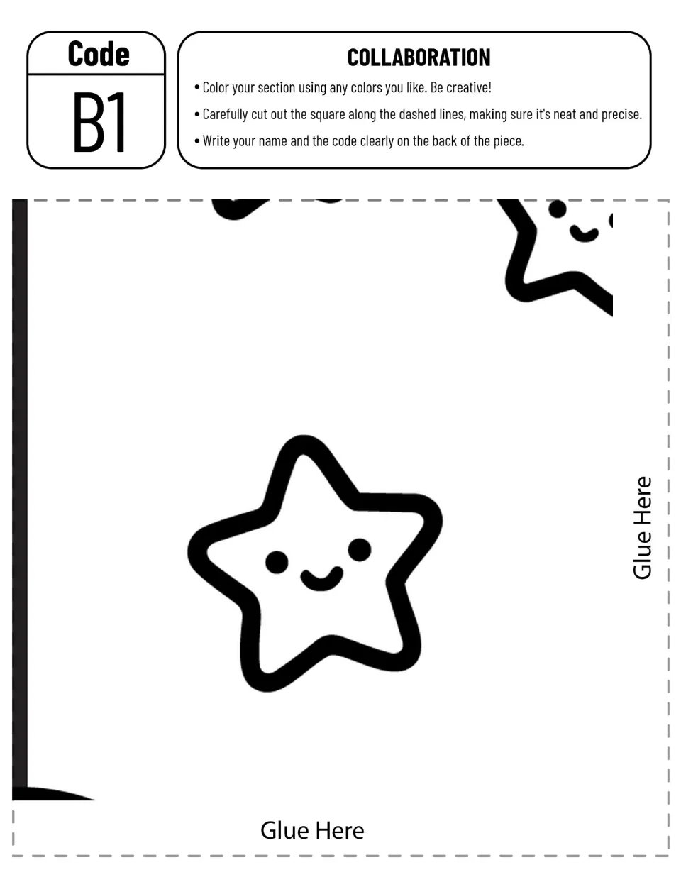 Collaborative cloud schoolhouse poster piece B1: one complete smiling star and partial stars to color