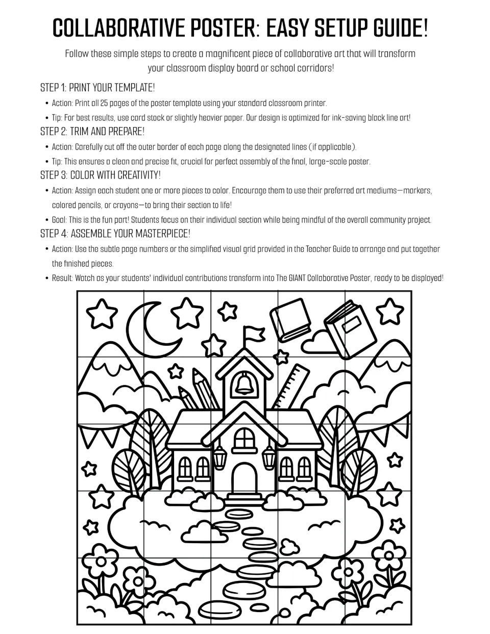 Collaborative poster setup guide: print 25 pieces, trim, color, and assemble the schoolhouse scene