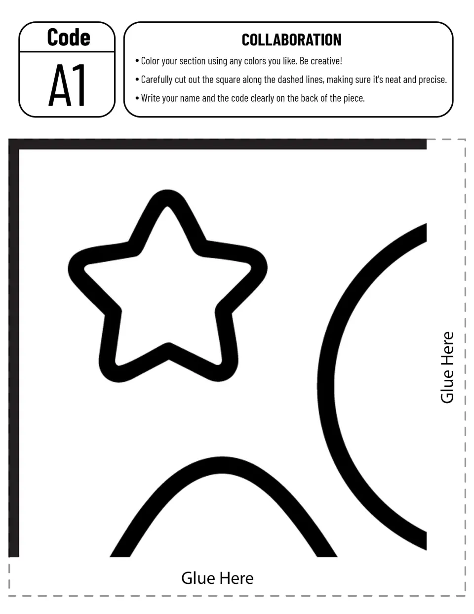 Schoolhouse poster piece A1 to color and assemble, showing a star and portions of the moon and a mountain