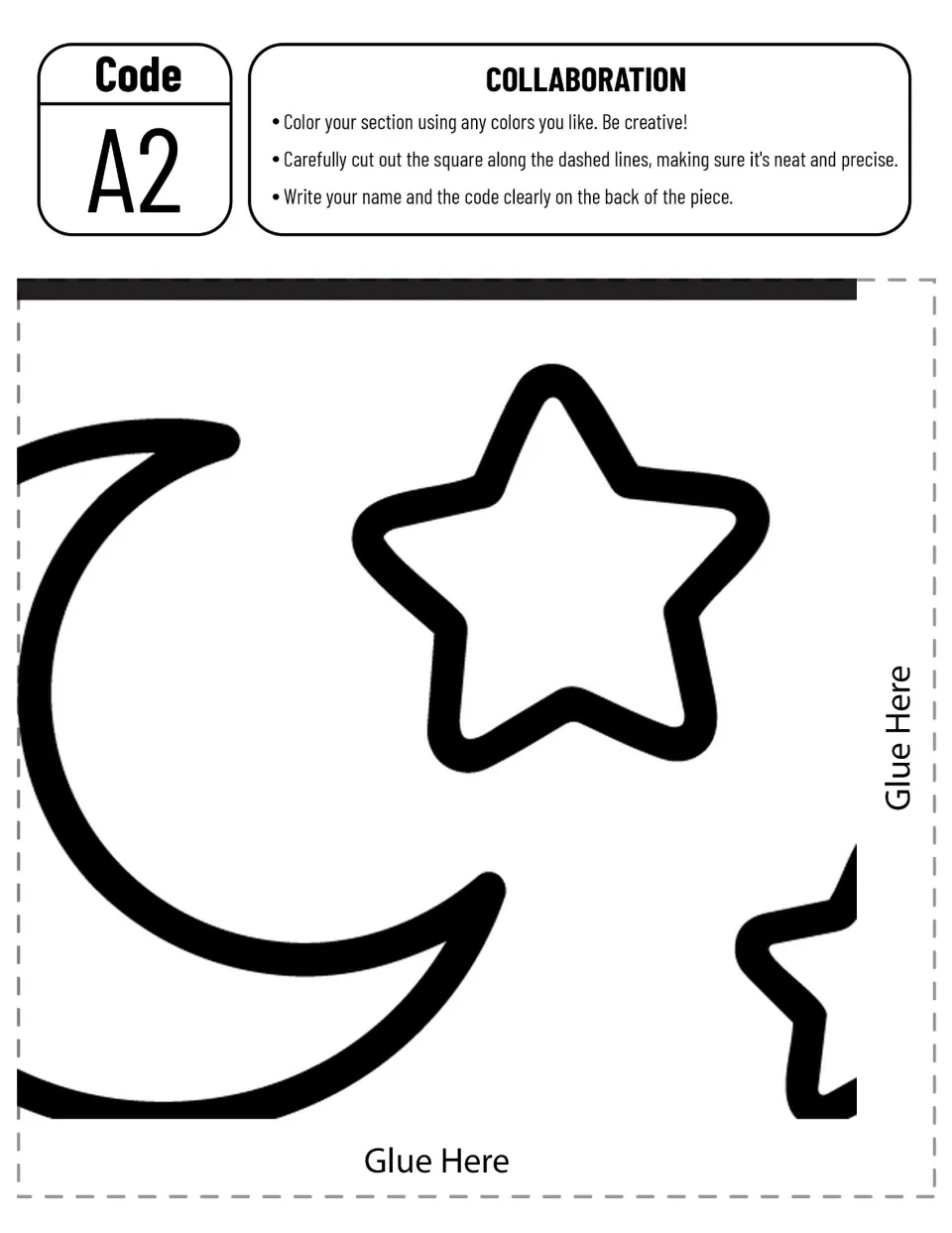 Schoolhouse poster piece A2 to color and assemble, showing most of a crescent moon, a star, and part of another
