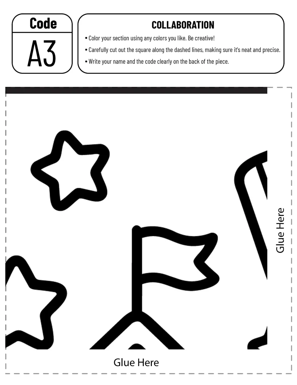 Schoolhouse poster piece A3 to color and assemble, showing a flag above the roof, stars, and part of a book