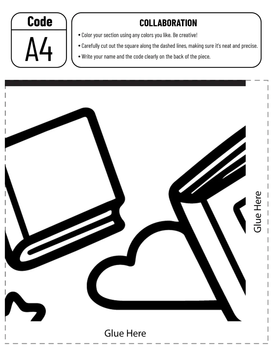 Schoolhouse poster piece A4 to color and assemble, showing a floating book, part of another book, and a cloud