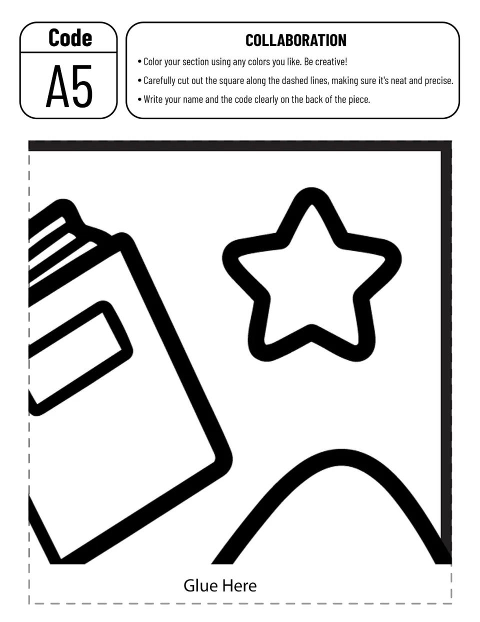 Schoolhouse poster piece A5 to color and assemble, showing a star, part of a book, and a mountain peak