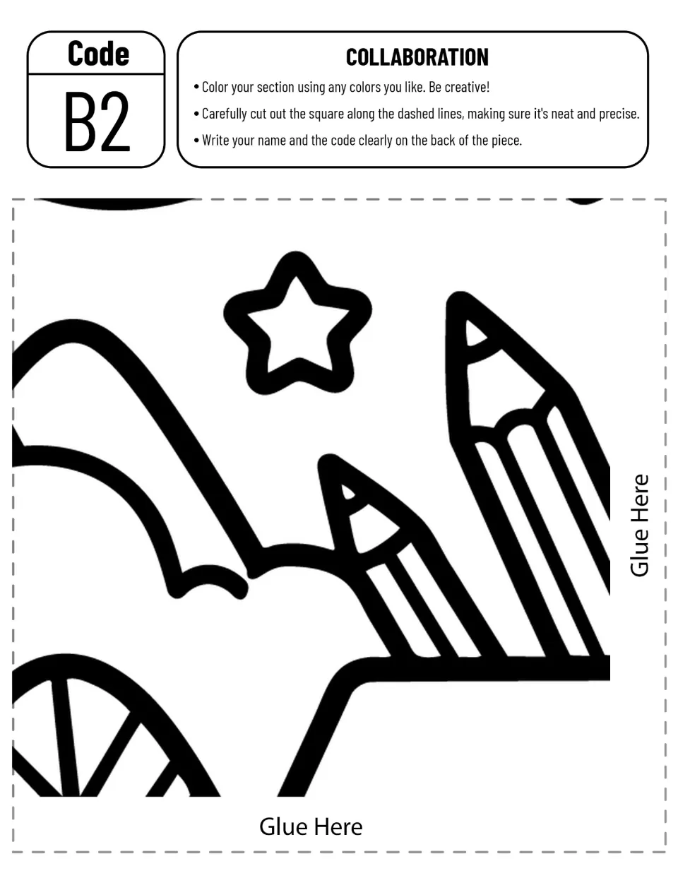 Schoolhouse poster piece B2 to color and assemble, showing two pencils, a star, and mountain and roof sections